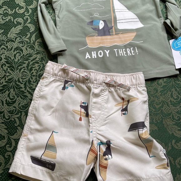 NWt 18m carters 2p ships penguin rash guard swim suit bathing sail boat nautical - Picture 2 of 8